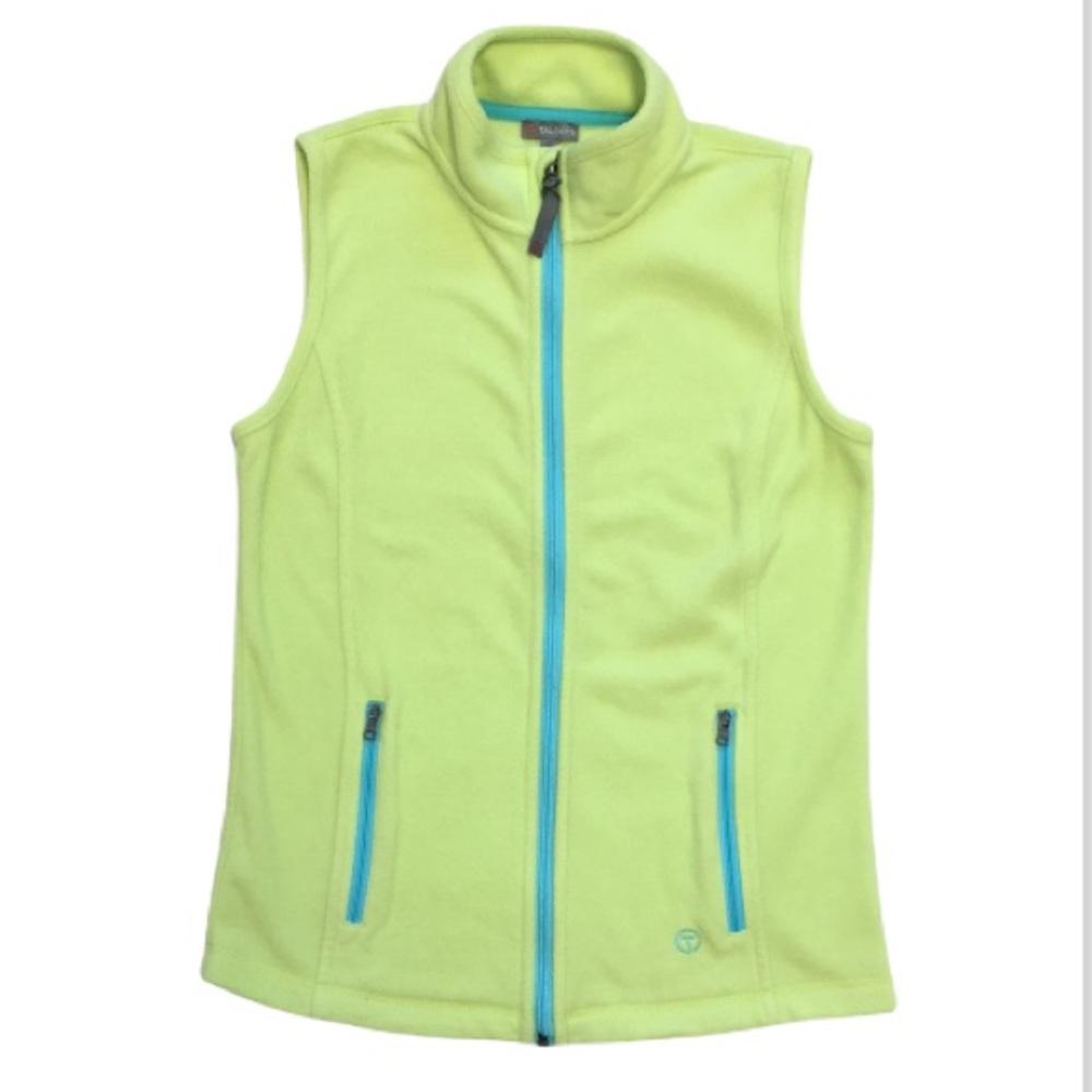 Talbots EUC lime green and aqua blue fleece full zip vest side pockets xs